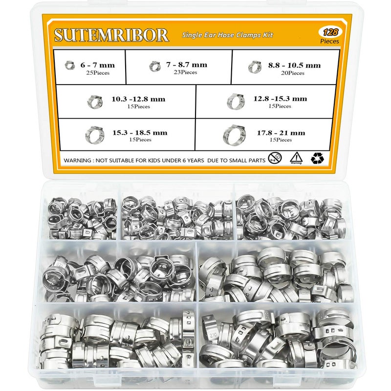 Sutemribor 304 Stainless Steel 7-21mm Single Ear Hose Clamps Assortment Kit, 128PCS - Image 1
